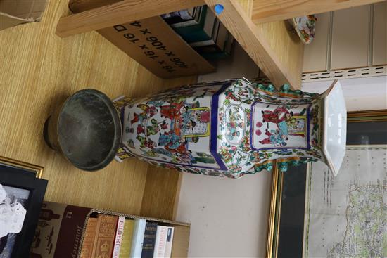 A Chinese famille rose hexagonal vase, height 60cm and a bronze bowl